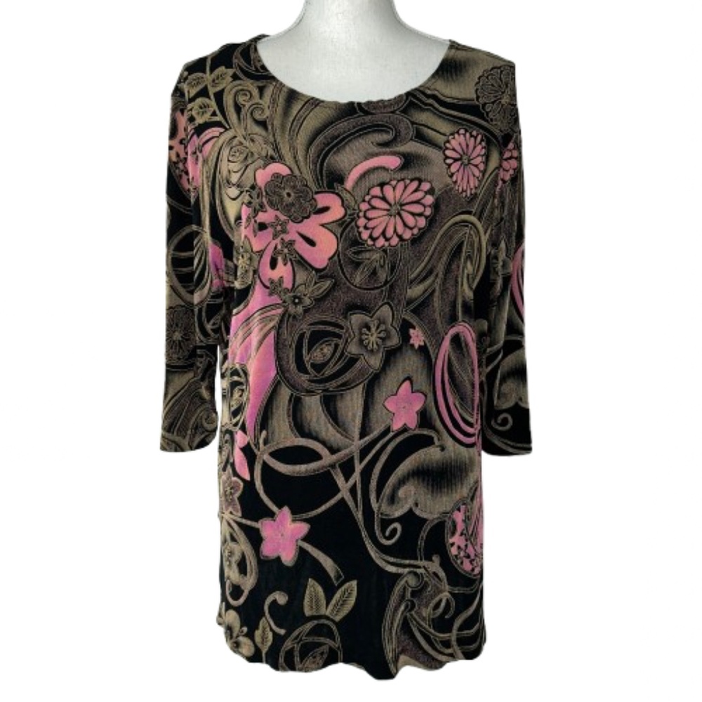 Vikki Vi Women's Top Black and Pink Floral and Abstract 3/4 sleeve length
